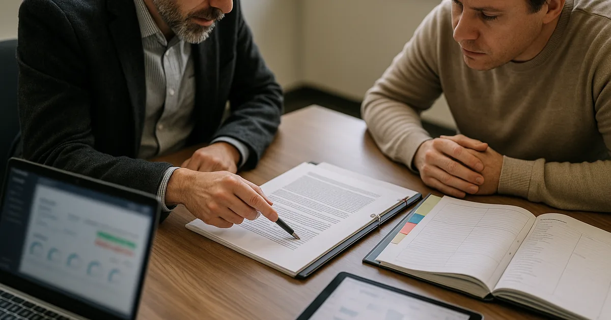 IT consultant and business manager reviewing printed compliance binders and a blurred monitoring dashboard during an operational review.