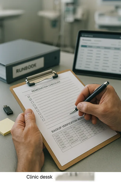 Technician marking a remediation checklist and backup verification report on a clipboard with support artifacts on a clinic desk.