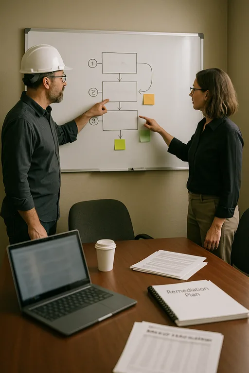 Consultant and manager reviewing a whiteboard flowchart with sticky notes and a runbook on the table, illustrating remediation steps for a credential-driven outage.
