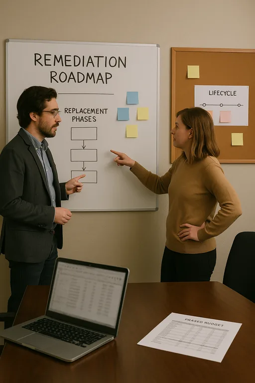IT consultant and office manager reviewing a remediation roadmap and lifecycle timeline on a whiteboard in a conference room.