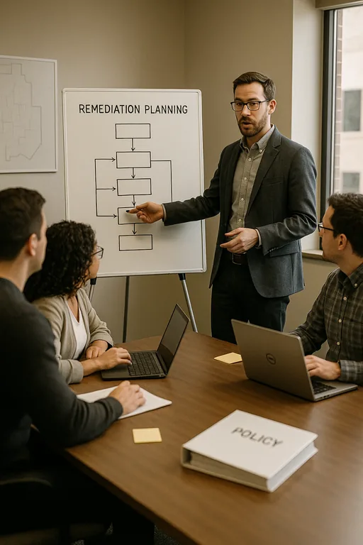 Consultant explaining a stepwise remediation workflow at a whiteboard while financial office staff take notes.