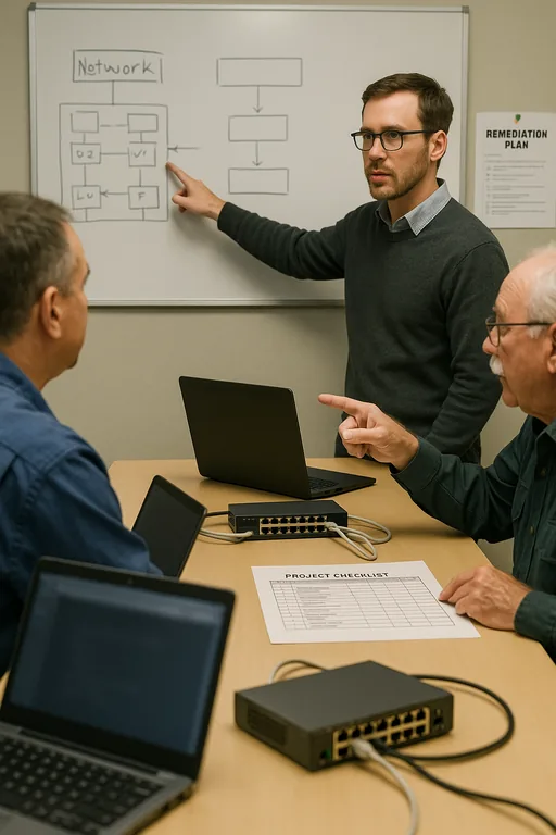 IT consultant and plant manager reviewing a blurred network segmentation sketch and remediation checklist at a conference table.