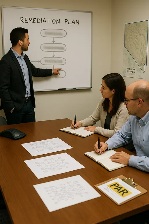 Consultant pointing to a blurred whiteboard workflow while staff review printed dependency maps during a phased remediation planning session in a financial office.