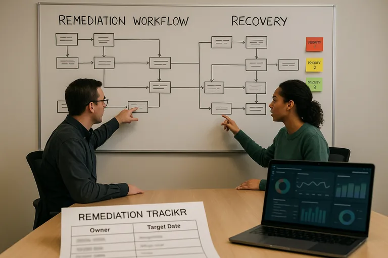 Technical team mapping remediation and recovery workflows on a board with a printed tracker and sticky-note priorities during an assessment review.