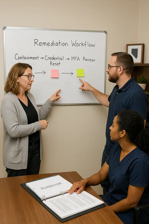 Clinic staff and an IT consultant discussing a whiteboard remediation workflow with sticky notes and a runbook on the table.