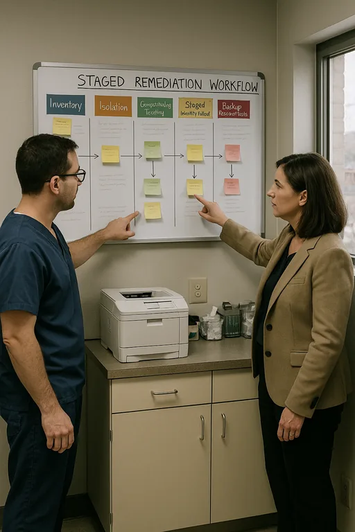 Clinic staff and technician reviewing a phased remediation whiteboard showing staged steps for inventory, testing, and backup validation.