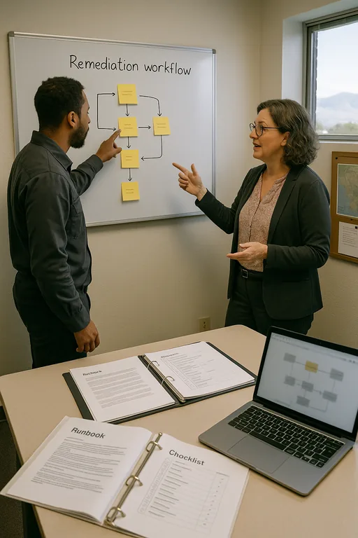 Technician and office manager mapping a remediation workflow on a whiteboard with sticky notes and runbooks on a nearby table, in a small dental clinic back office.