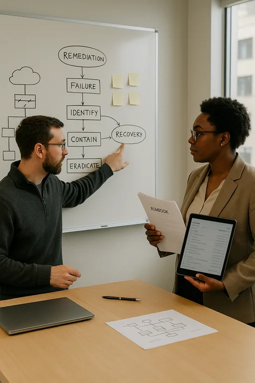 IT consultant and office manager reviewing a blurred network recovery workflow on a whiteboard with a printed runbook on the table.