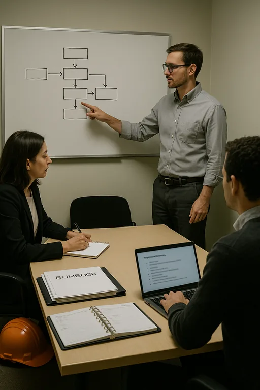 IT consultant pointing to a whiteboard with a drawn remediation workflow while team members review a runbook and laptop in a conference room.