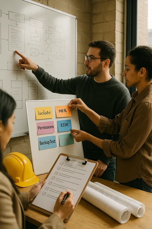 Team pointing to a whiteboard and index cards that map remediation steps in a construction office, showing a structured workflow.