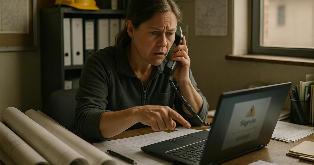 A real discovery moment showing how an account sign‑in can stop work and trigger help desk response in a construction office.
