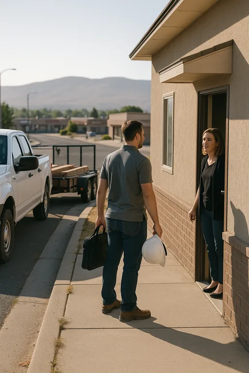 Field technician arrives at a construction office with a pickup and trailer outside, illustrating on-site IT support in the Truckee Meadows area.