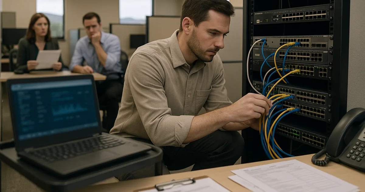 A hands-on troubleshooting scene showing the on-site work of locating switch and port bottlenecks after a network crash.