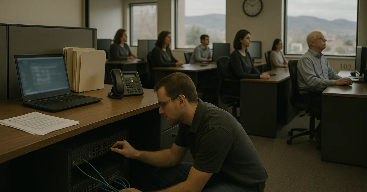 A real-time triage scene showing technicians using runbooks and endpoint tools to diagnose a network outage and reveal compliance gaps.