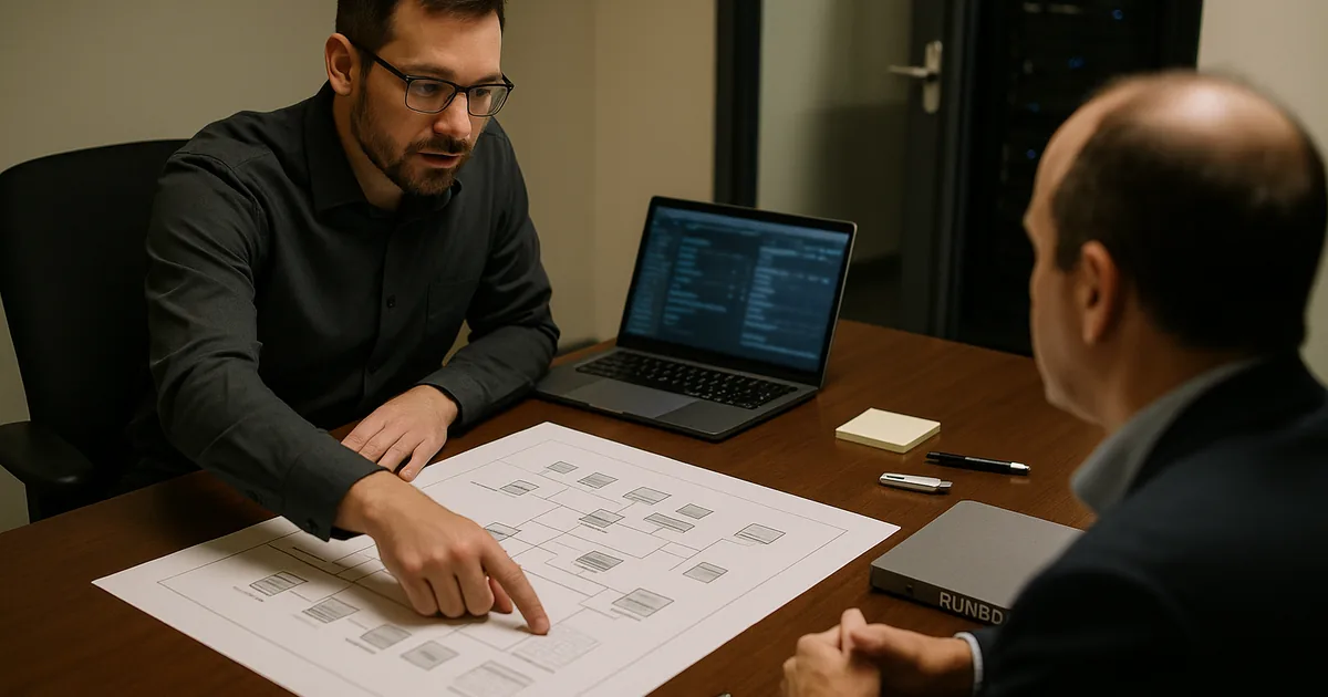 IT consultant pointing at a printed network diagram on a conference table with a blurred monitoring laptop and a server rack visible through a glass door.