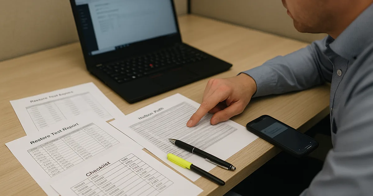 IT consultant at a Reno office desk reviewing printed restore-test reports and mailbox-audit checklists with a laptop nearby.