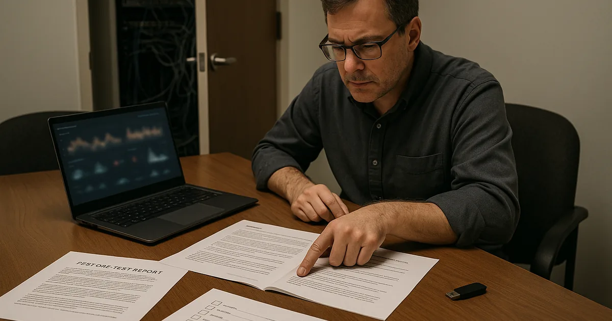 IT consultant at a conference table reviewing runbooks, printed restore-test reports and a blurred monitoring screen while pointing to recovery documentation.