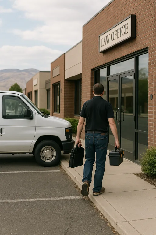 Unbranded IT technician with laptop bag walking toward a small law office on a Reno business corridor, with foothills visible in the background.