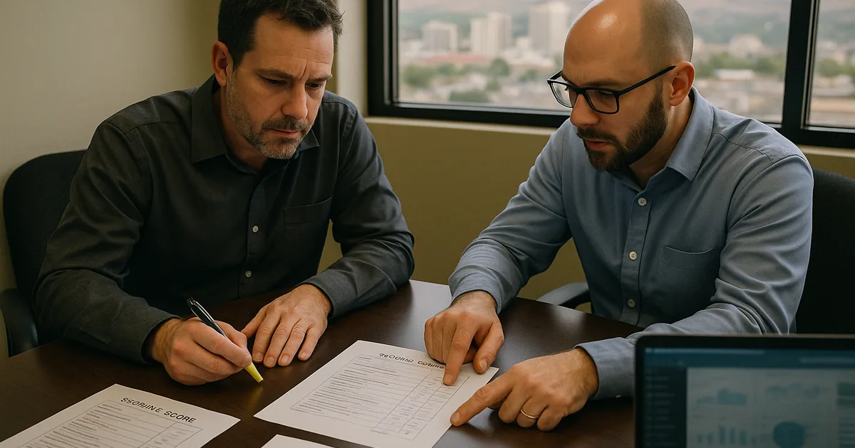 Business owner and IT consultant at a conference table reviewing a printed support matrix and onboarding plan with a blurred monitoring laptop in a Reno office.