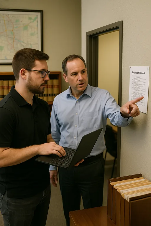 A technician and a law firm staff member review an escalation runbook in a Reno law office corridor while the technician uses a laptop for diagnostics.