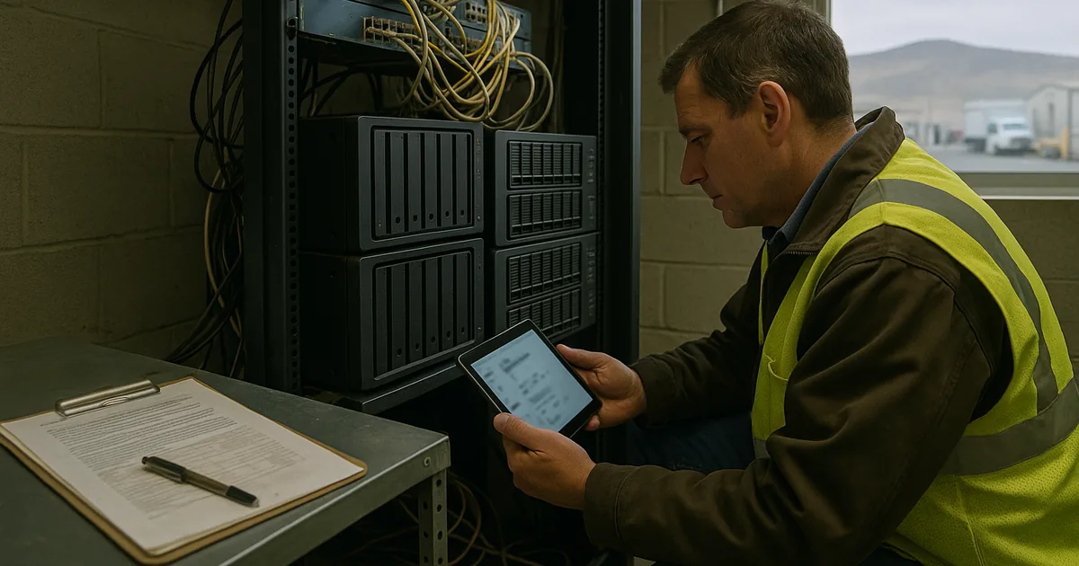 A technician inspects aging storage and a runbook in a logistics hub equipment closet to highlight how deferred replacements can stop operations.