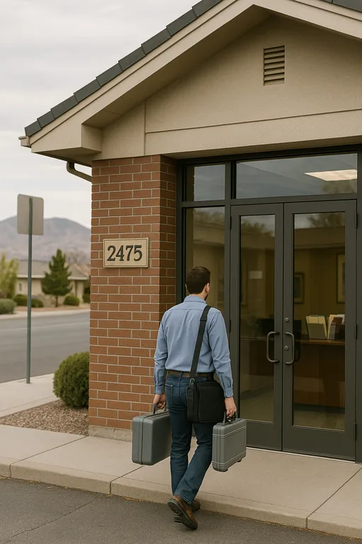 Technician arriving at a small Reno professional office building with foothills visible in the background, illustrating local on-site service.