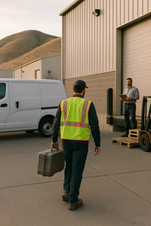 A field technician carrying an equipment case approaches a warehouse loading dock while a manager waits with a clipboard.