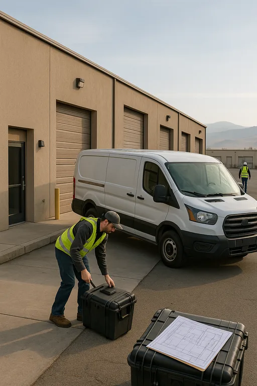 Service van and technician arriving at a small industrial construction office in the Reno area with tools and plans.