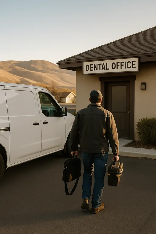 IT technician walking toward a small Reno-area dental office with a service van parked nearby and foothills in the background.
