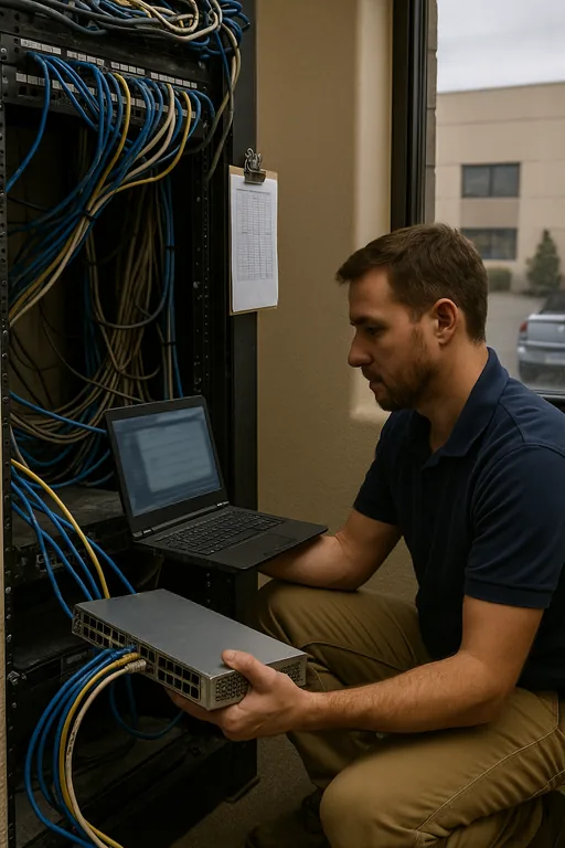 Field technician swaps an aging network switch in a small server closet at a Reno-area financial office, with labeled patch cables and a laptop showing a blurred monitoring screen.