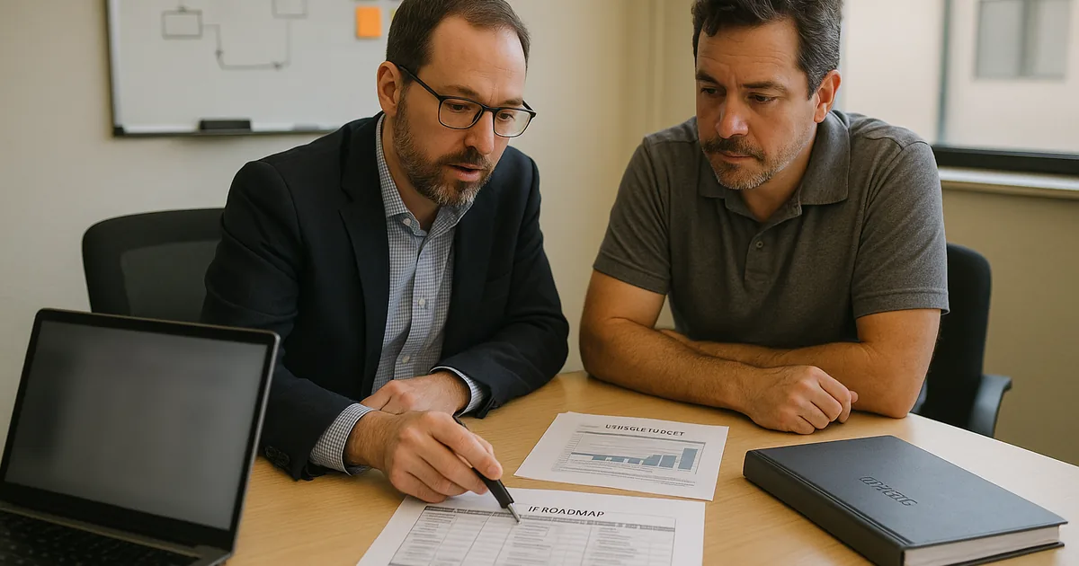 vCIO consultant and operations manager reviewing a printed IT roadmap and asset inventory in a Reno office, with a whiteboard and blurred laptop in the background.