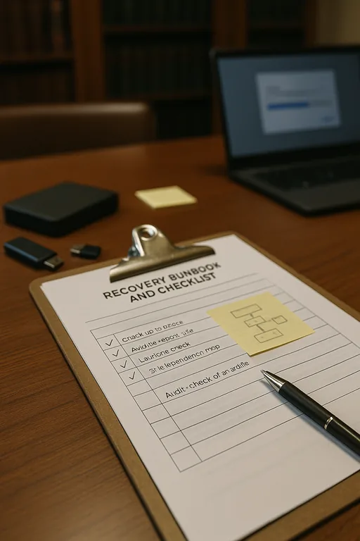 Close-up of a recovery runbook and checklist with check marks, sticky notes, and an external backup drive on a law office table.