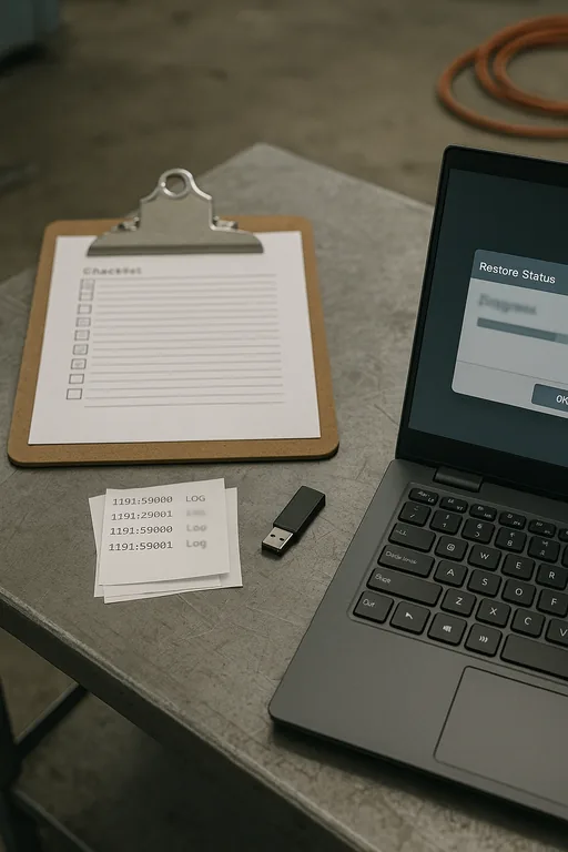 Close-up of a restore test runbook, test log printouts, a USB recovery key, and a laptop on a workbench used as evidence during a resilience audit.