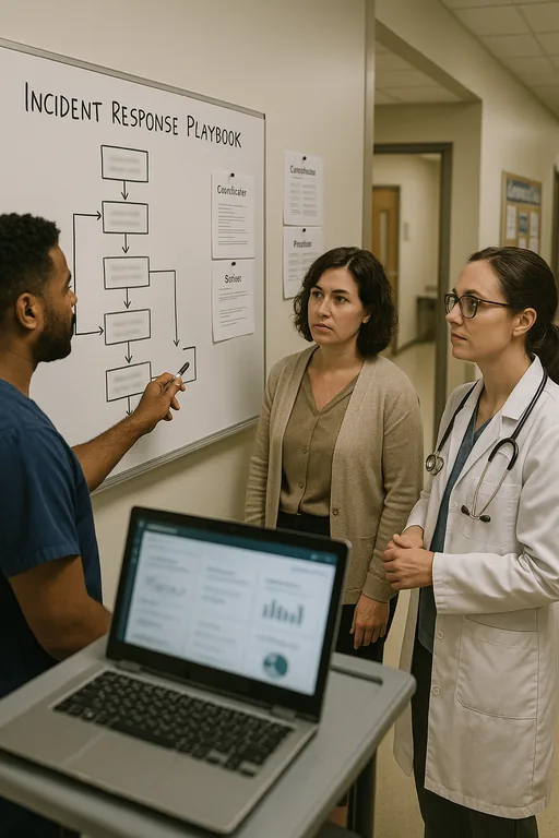 Clinic staff reviewing a multi-step incident response playbook on a whiteboard, with role sheets and a laptop nearby.