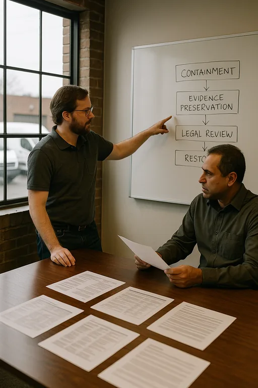 IT lead and operations manager reviewing runbooks at a conference table while pointing to a blurred flow diagram on a whiteboard, with delivery vans visible outside the window.