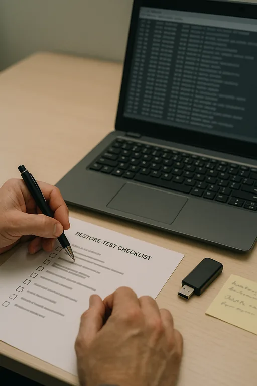 Close-up of a technician reviewing a blurred restore-test checklist, laptop with audit logs, and a backup appliance.
