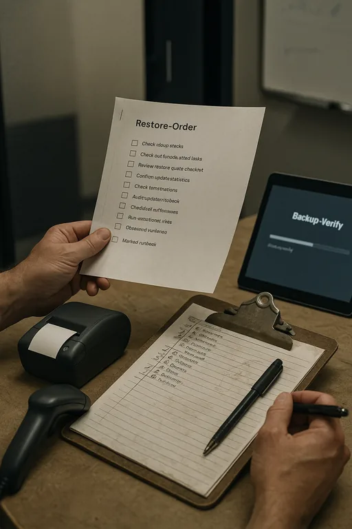 Hands holding a printed restore-order checklist and runbook on a clipboard with a tablet showing a blurred backup verification progress.