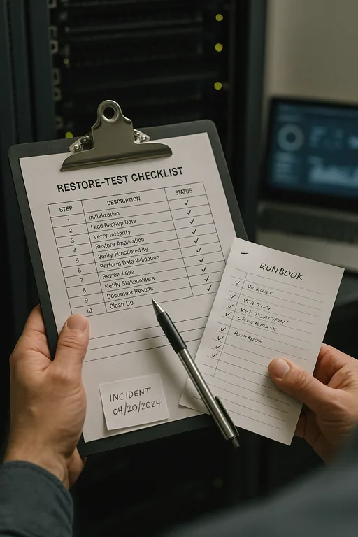 Hands holding a restore-test checklist and runbook with handwritten check marks, with a blurred server rack in the background.