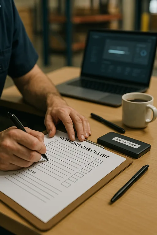 Close-up of a technician marking a physical restore checklist on a clipboard next to an external backup drive and a laptop with a blurred status screen.