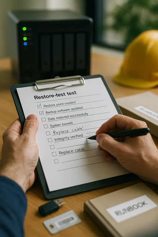 Clipboard with restore-test checklist, handwritten notes, USB drive and backup appliance visible on a plant office desk.