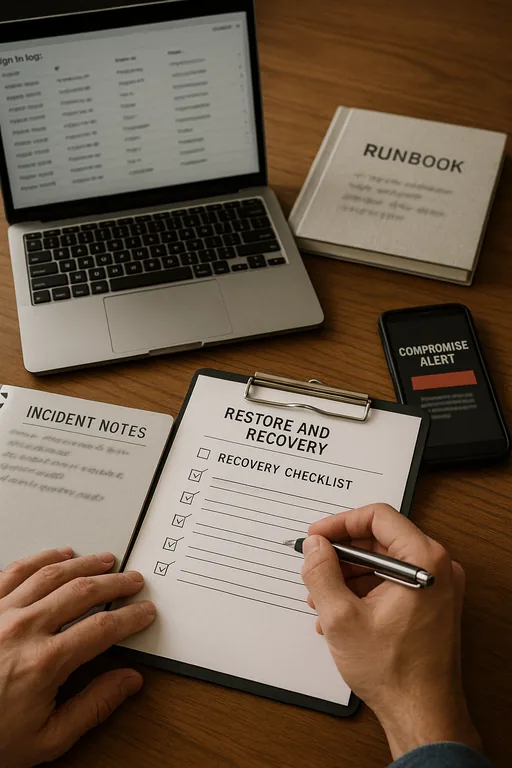 Technician marking a printed restore checklist beside a laptop with blurred sign-in logs during a post-phishing review.