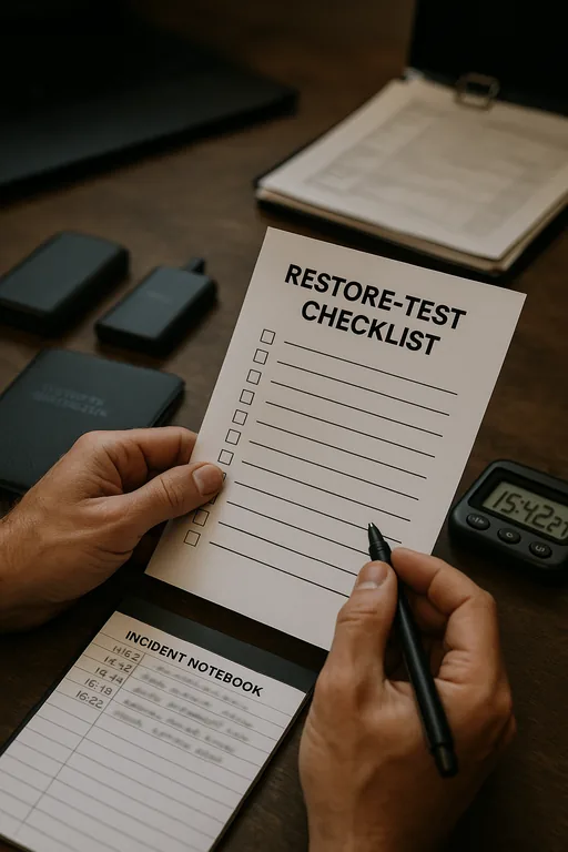 Close-up of hands holding a restore-test checklist beside backup drives, an incident notebook, and a stopwatch to document recovery validation.