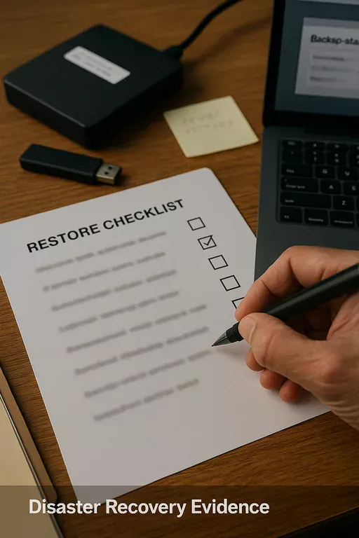 Close-up of a technician marking a restore checklist with an external backup drive and a blurred laptop showing backup status.