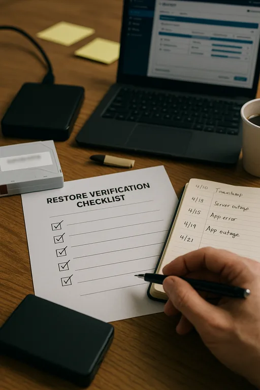 Close-up of a restore verification checklist, backup drive, and handwritten timestamps used during a recovery validation.