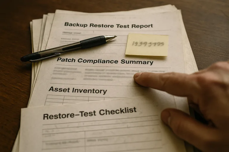 Close-up of printed backup and patch compliance reports, an asset inventory sheet, and a restore-test checklist on a desk with a pen pointing at the pages.