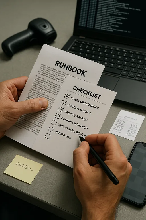 Close-up of a runbook checklist, backup receipt, and blurred logs used to validate restores and permissions during remediation.