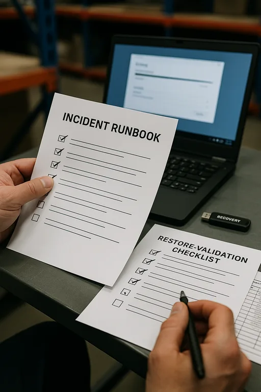 Hands holding a printed restore validation checklist and incident runbook at a warehouse workstation with a blurred backup status screen in the background.