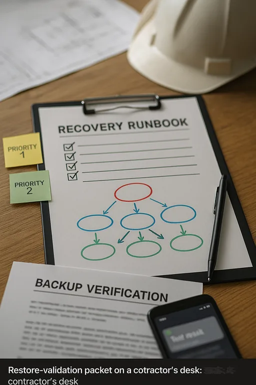 Close-up of a printed recovery runbook, dependency map, sticky notes and a blurred backup verification printout on a contractor desk.