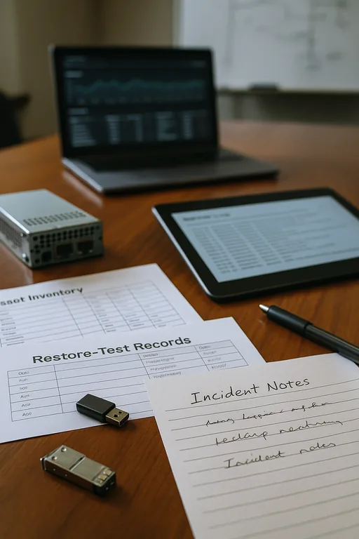 Incident recovery paperwork, asset inventory and restore-test records on a conference table used during the outage review.