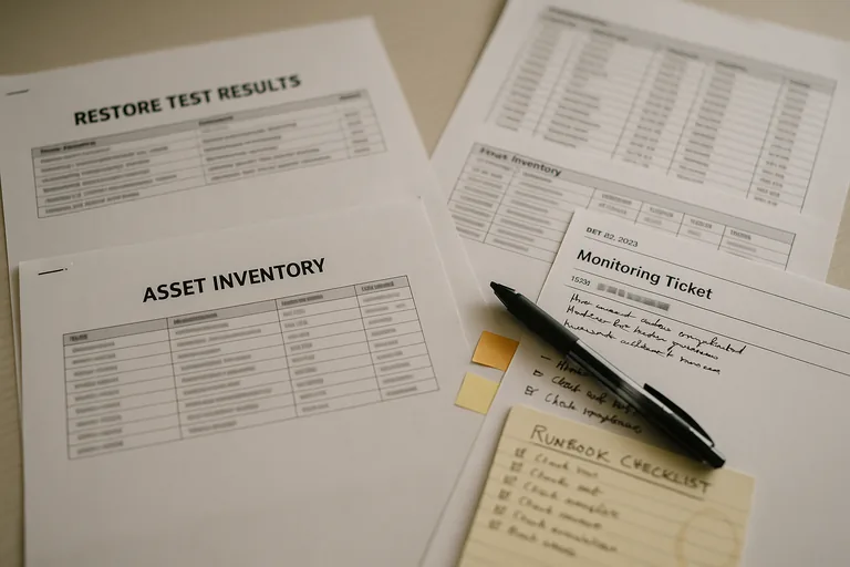 Printed restore-test results, an asset inventory, and a monitoring ticket with technician notes laid out on a table.